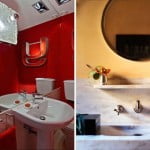 Kırmızı banyo duvar renk ve mermerden dizayn edilmiş lavabo modeli