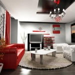 Kırmızı beyaz ve siyah renklerle modern salon dekorasyonu